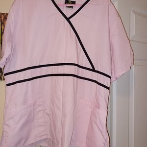 Vintage Women's Pink V-Neck Scrub Top with Black Trim